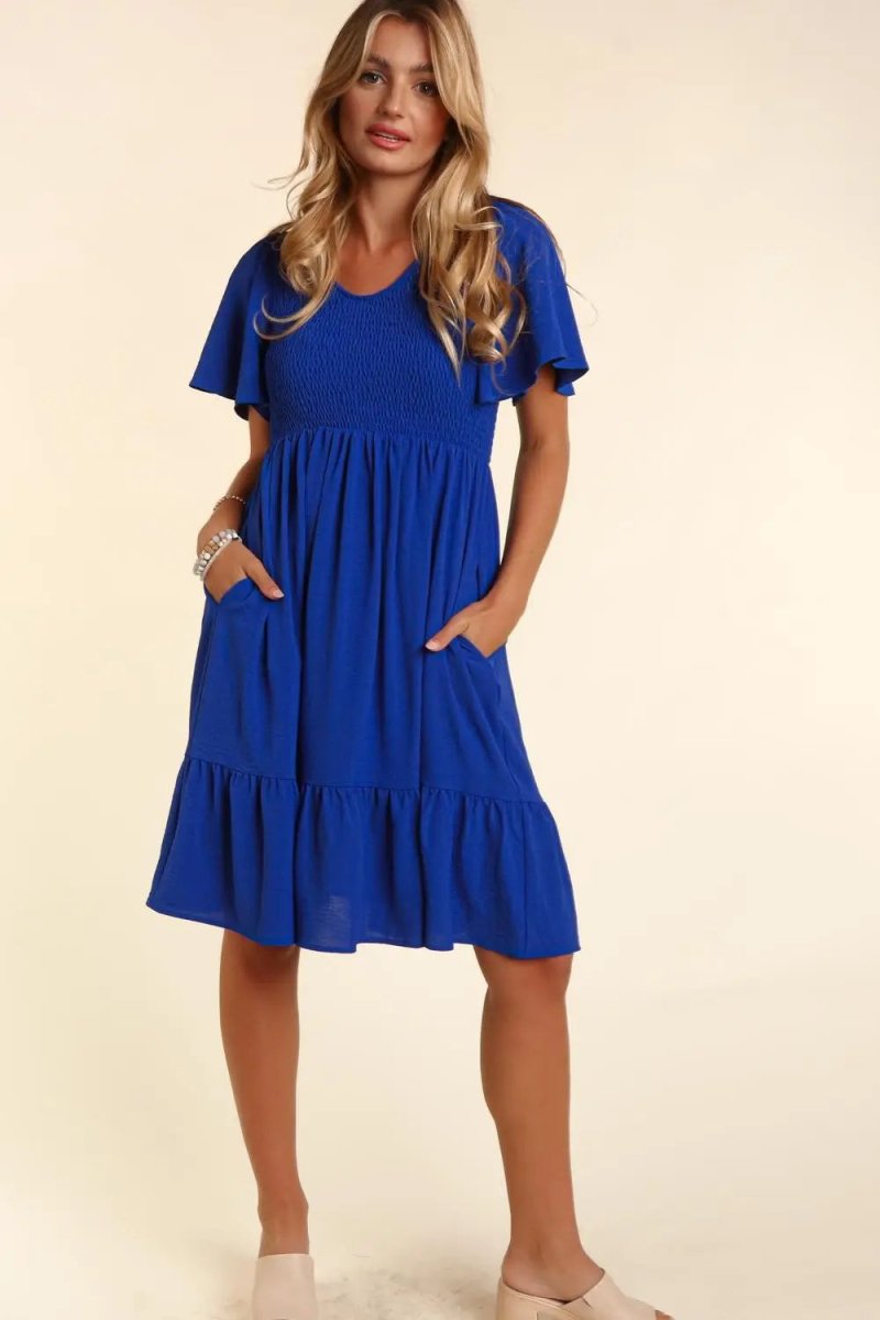 PinkBlush Royal Blue Maternity Dress with Ruffle Hem and Pockets for Expecting Moms - 
