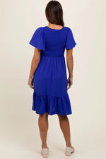 PinkBlush Royal Blue Maternity Dress with Ruffle Hem and Pockets for Expecting Moms - 
