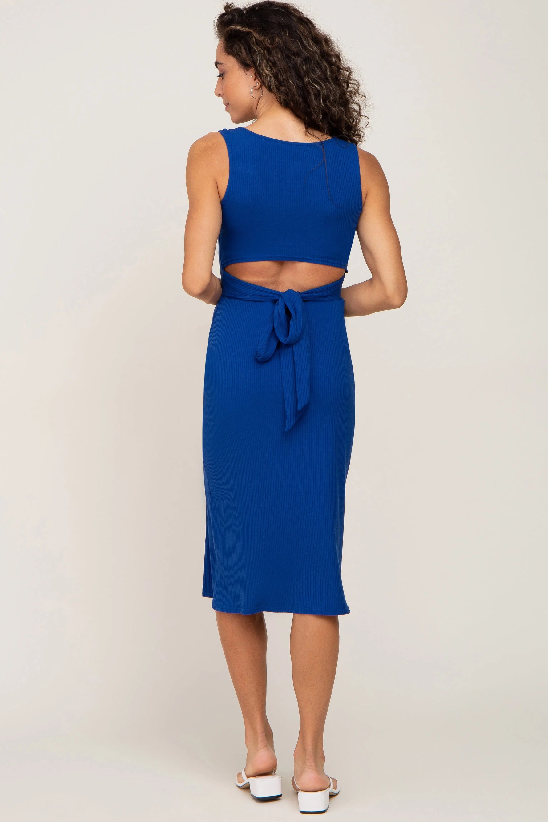 PinkBlush Royal Blue Ribbed Back Cutout Midi Dress - 