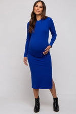 PinkBlush Royal Blue Ribbed Mock Neck Long Sleeve Maternity Midi Dress - 