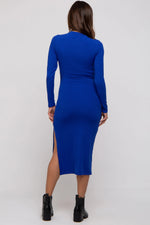 PinkBlush Royal Blue Ribbed Mock Neck Long Sleeve Maternity Midi Dress - 