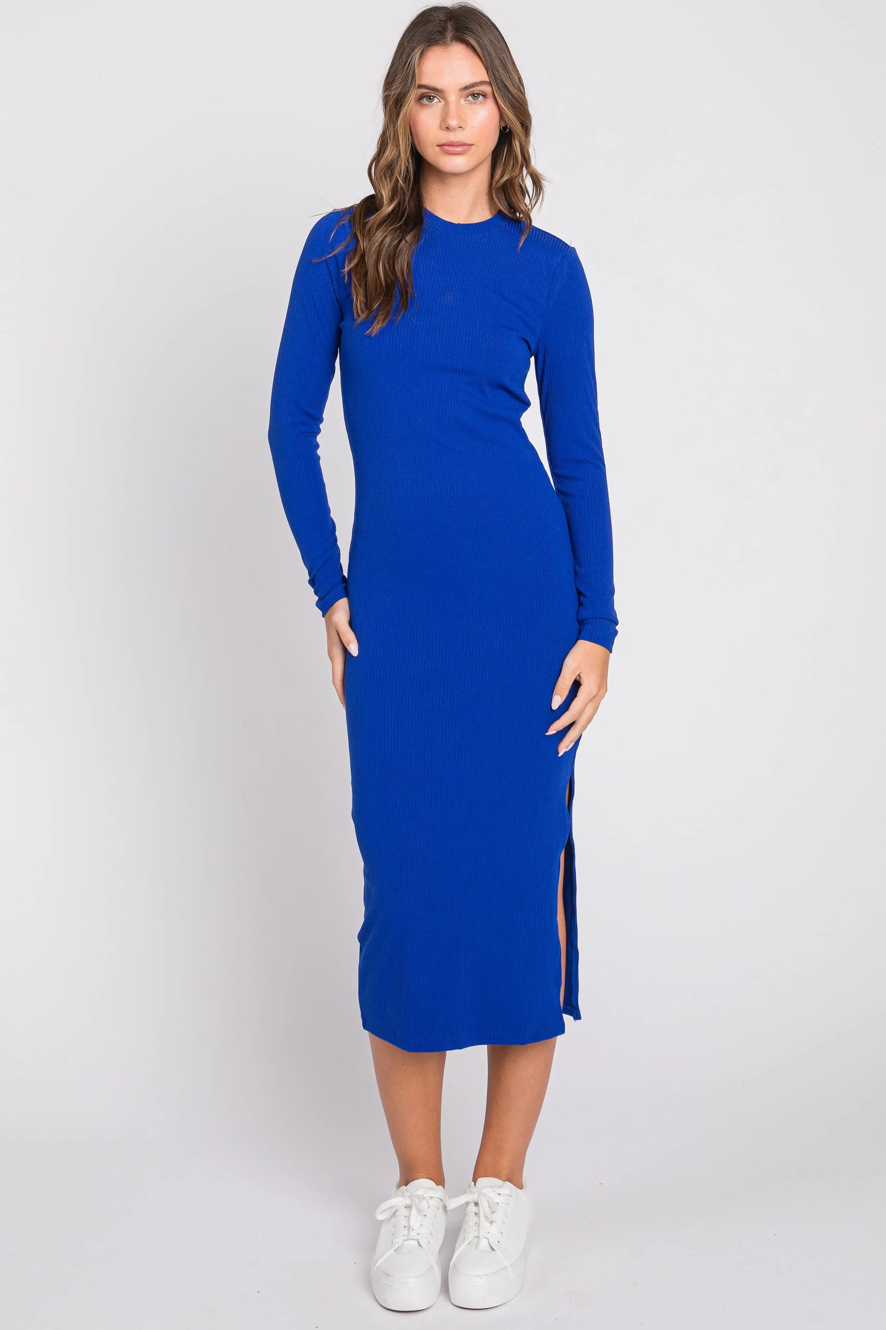 PinkBlush Royal Blue Ribbed Mock Neck Long Sleeve Maternity Midi Dress - 