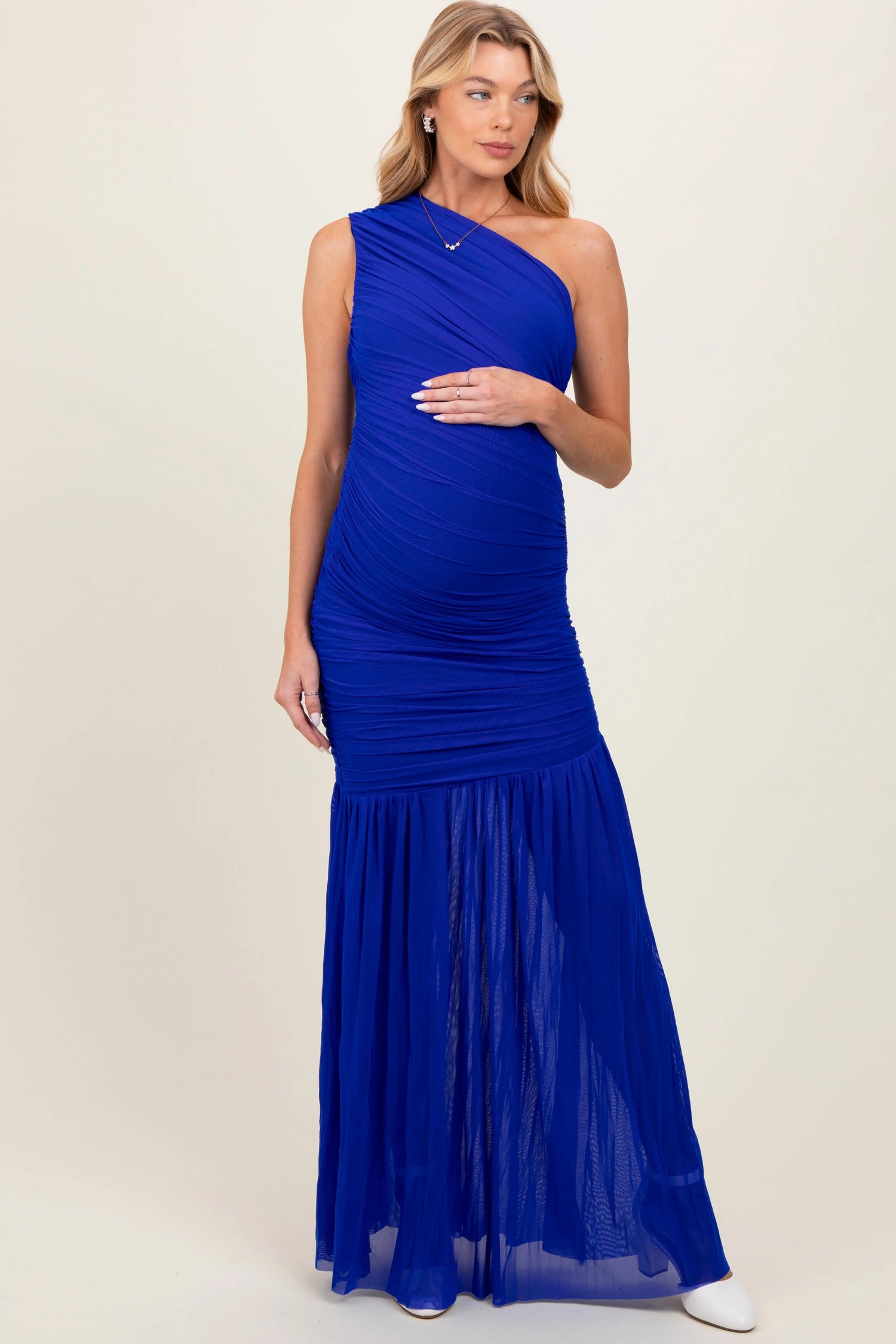 PinkBlush Royal Blue Ruched Mesh One Shoulder Maternity Maxi Dress - 