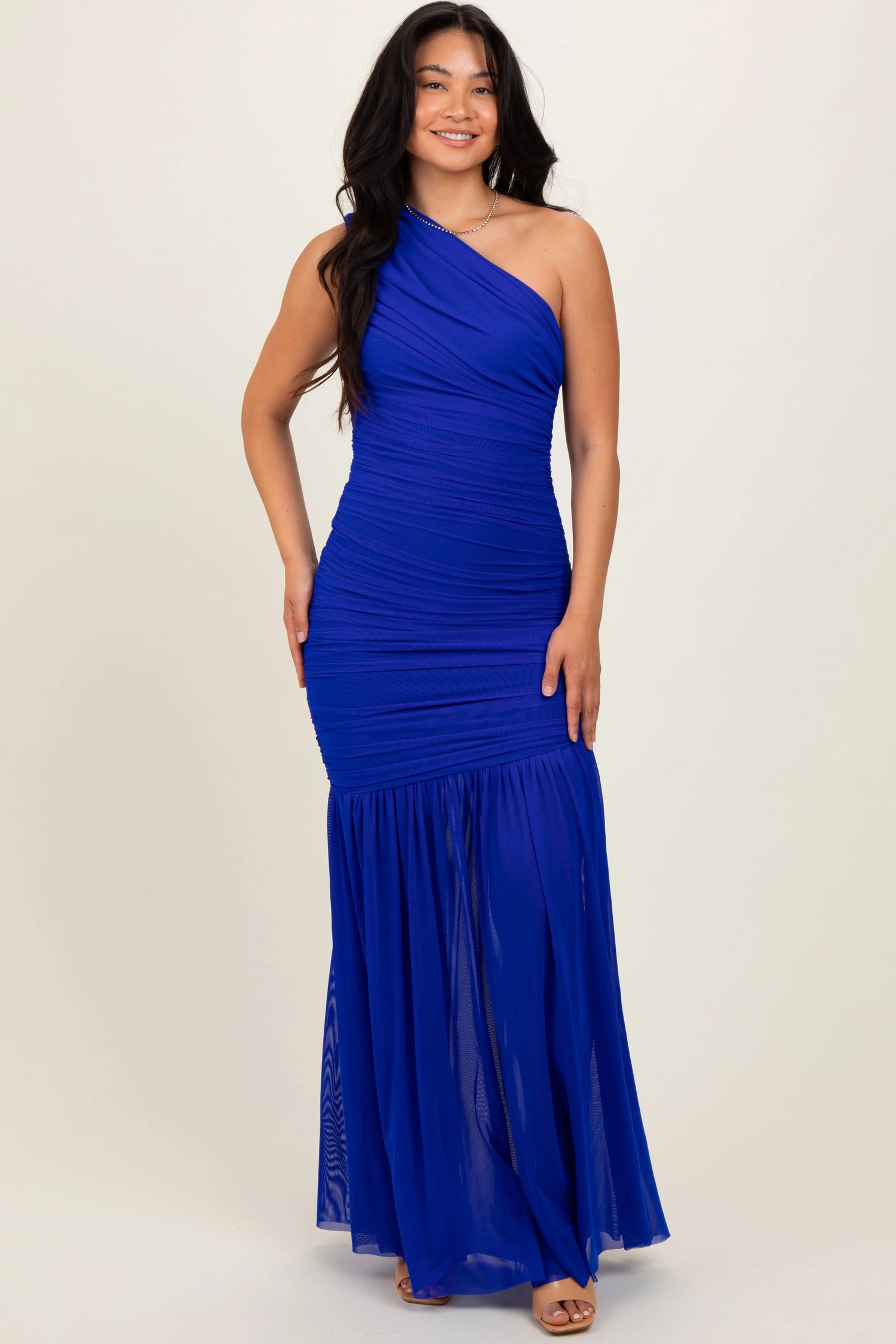 PinkBlush Royal Blue Ruched Mesh One Shoulder Maxi Dress - 