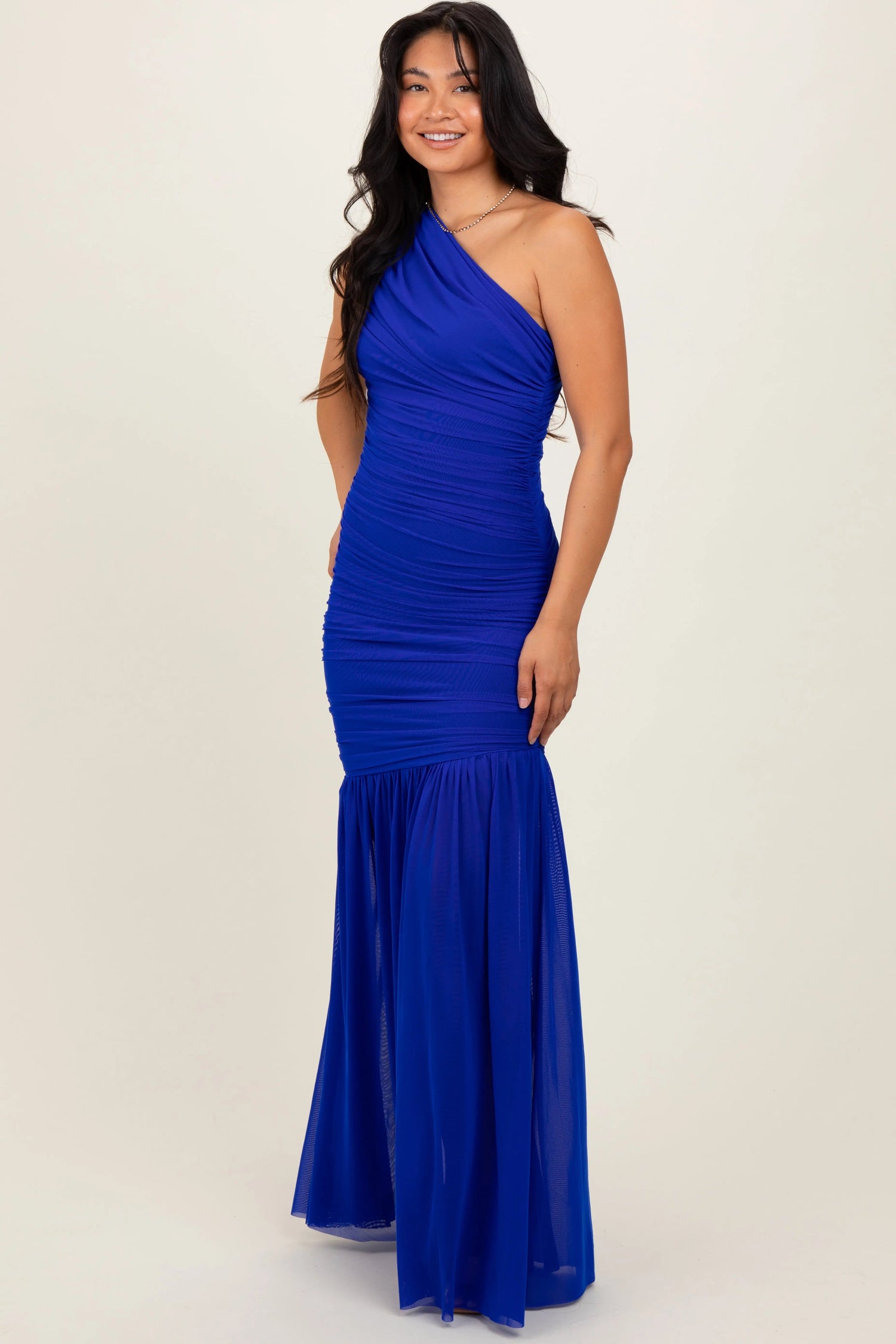 PinkBlush Royal Blue Ruched Mesh One Shoulder Maxi Dress - 