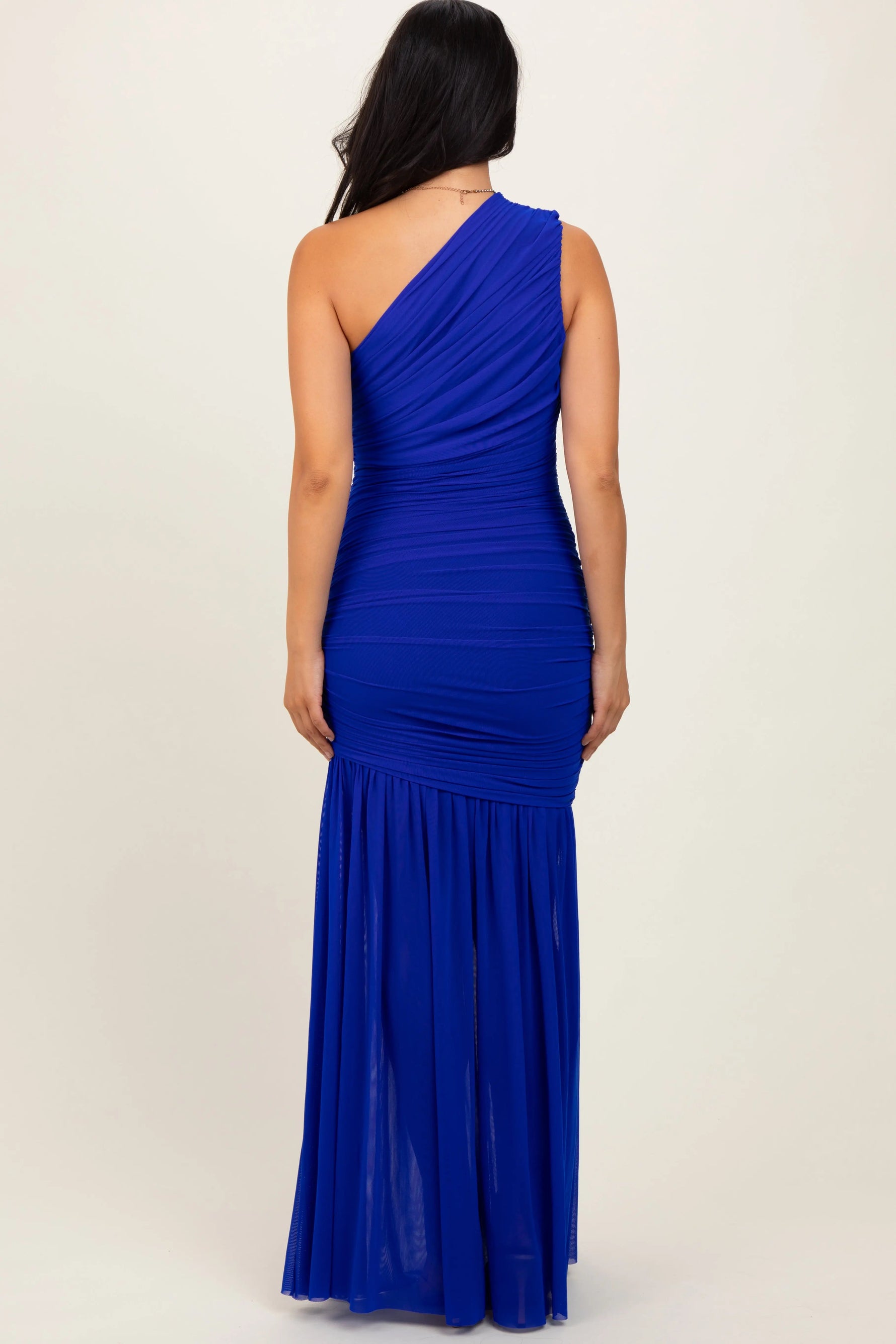 PinkBlush Royal Blue Ruched Mesh One Shoulder Maxi Dress - 