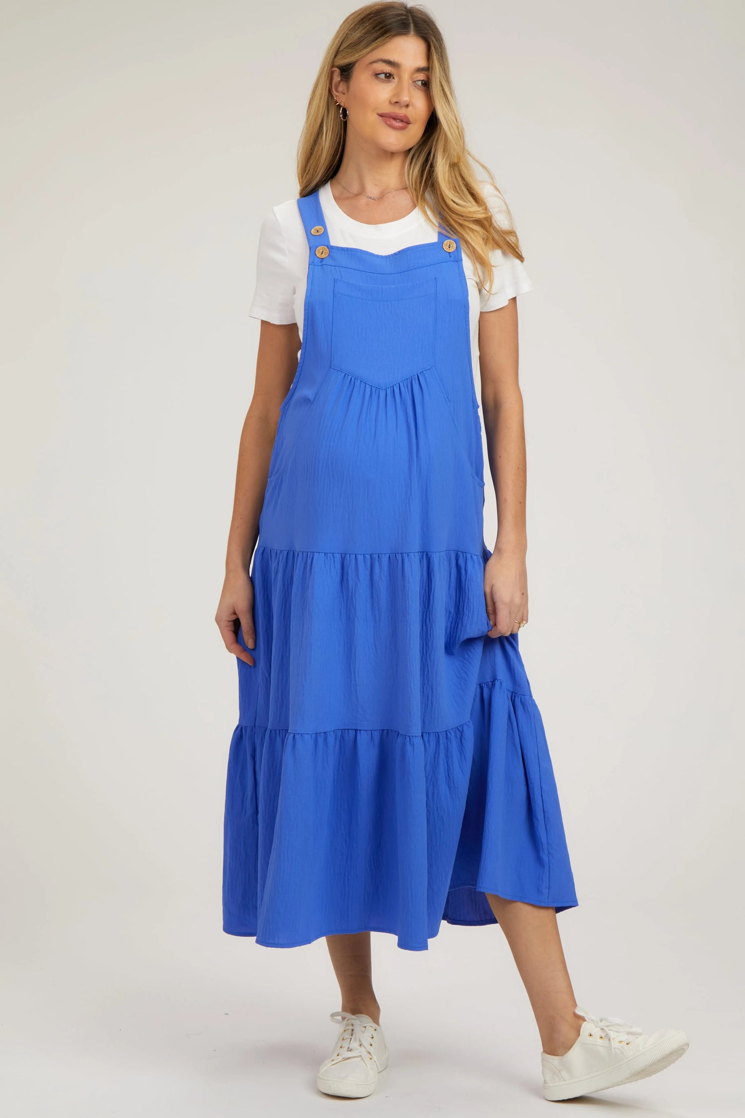 Royal Button Sling Tiered Maternity Midi Dress - One-piece garment, Day Dress, Ruffle, Cocktail dress, Person | Everetts Place