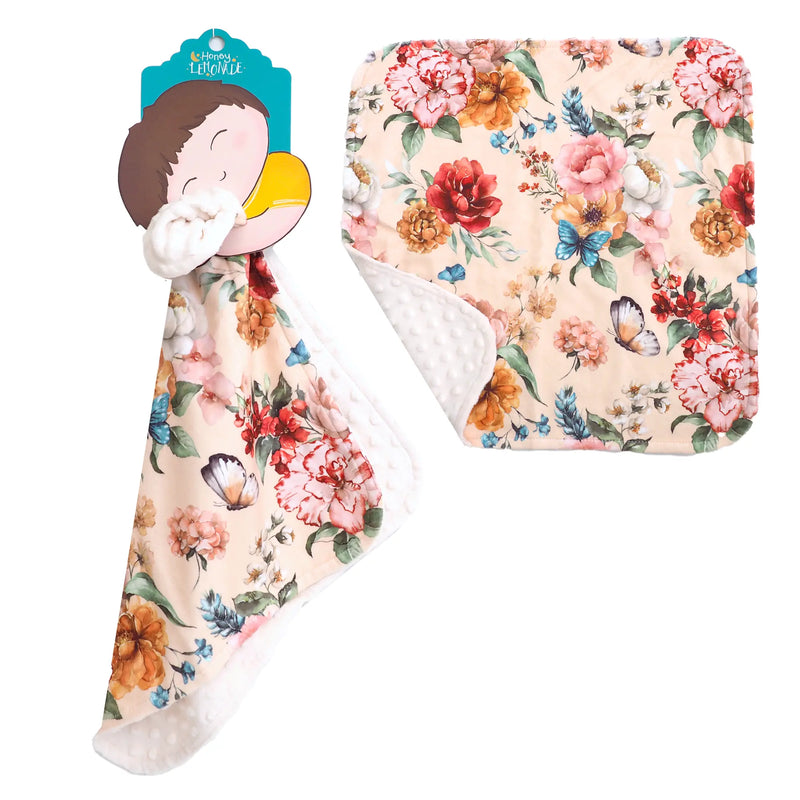 Mini Minky blanket with royal garden floral design, perfect toddler size, soft Minky fabric.