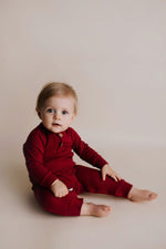 Three Little Tots Ruby Red Baby Ribbed Playsuit with pockets - 