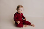 Three Little Tots Ruby Red Baby Ribbed Playsuit with pockets - 