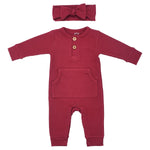 Three Little Tots Ruby Red Baby Ribbed Playsuit with pockets - 