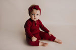 Three Little Tots Ruby Red Baby Ribbed Playsuit with pockets - 
