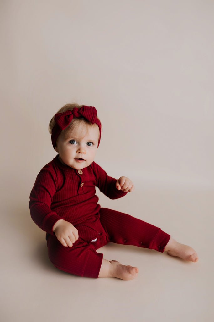 Three Little Tots Ruby Red Baby Ribbed Playsuit with pockets - 