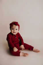 Three Little Tots Ruby Red Baby Ribbed Playsuit with pockets - 