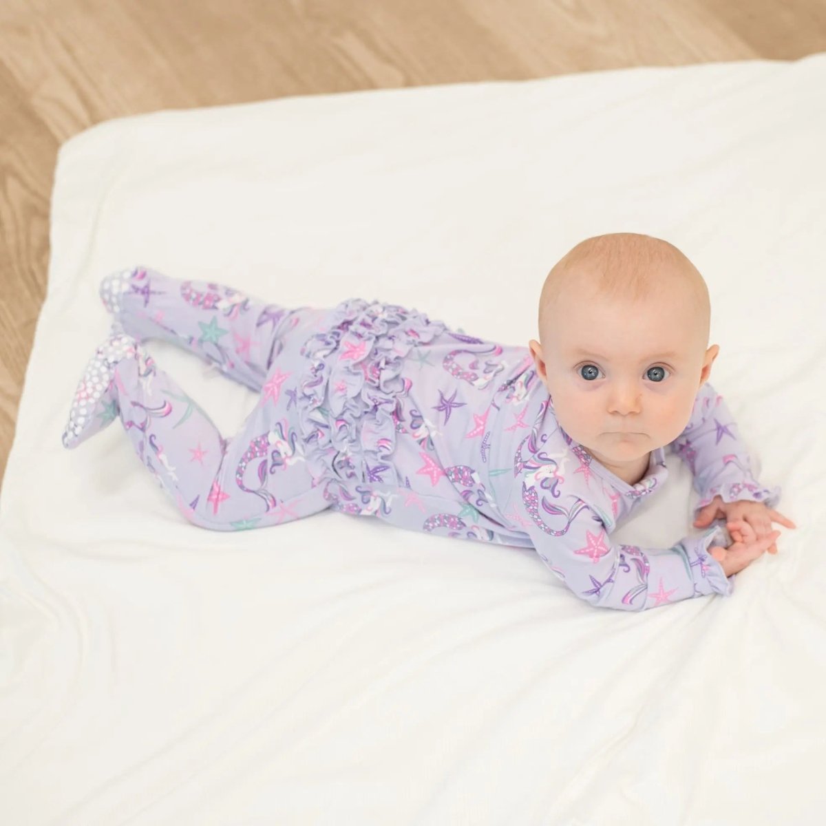 Sweet Bamboo Ruffle Baby Footie with Two Way Zipper and No Slip Grips for Comfort - 