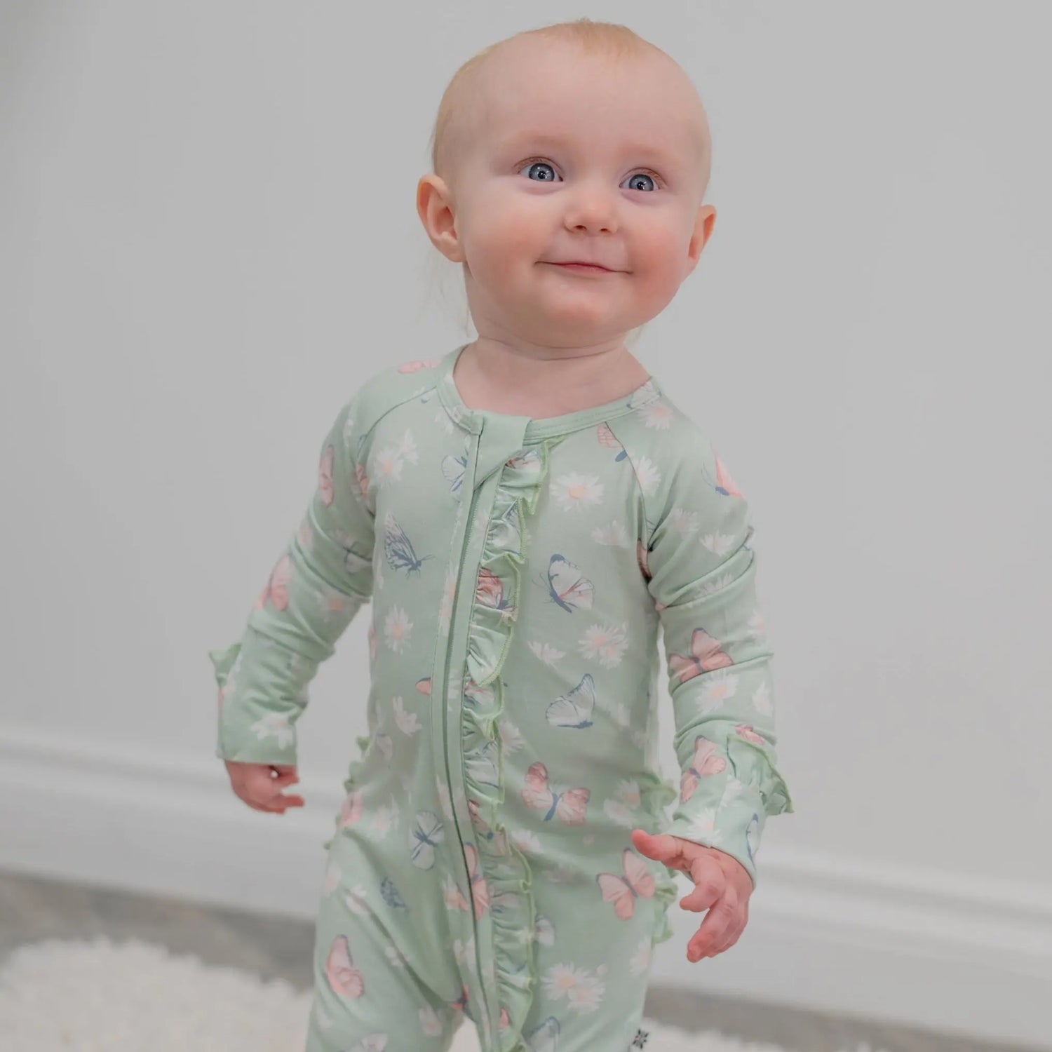 Sweet Bamboo Mint Bamboo Ruffle Baby Footie with 2 Way Zipper for Stylish Infants - Apparel & Accessories > Clothing > Baby & Toddler Clothing > Baby & Toddler Sleepwear Ruffle Footies