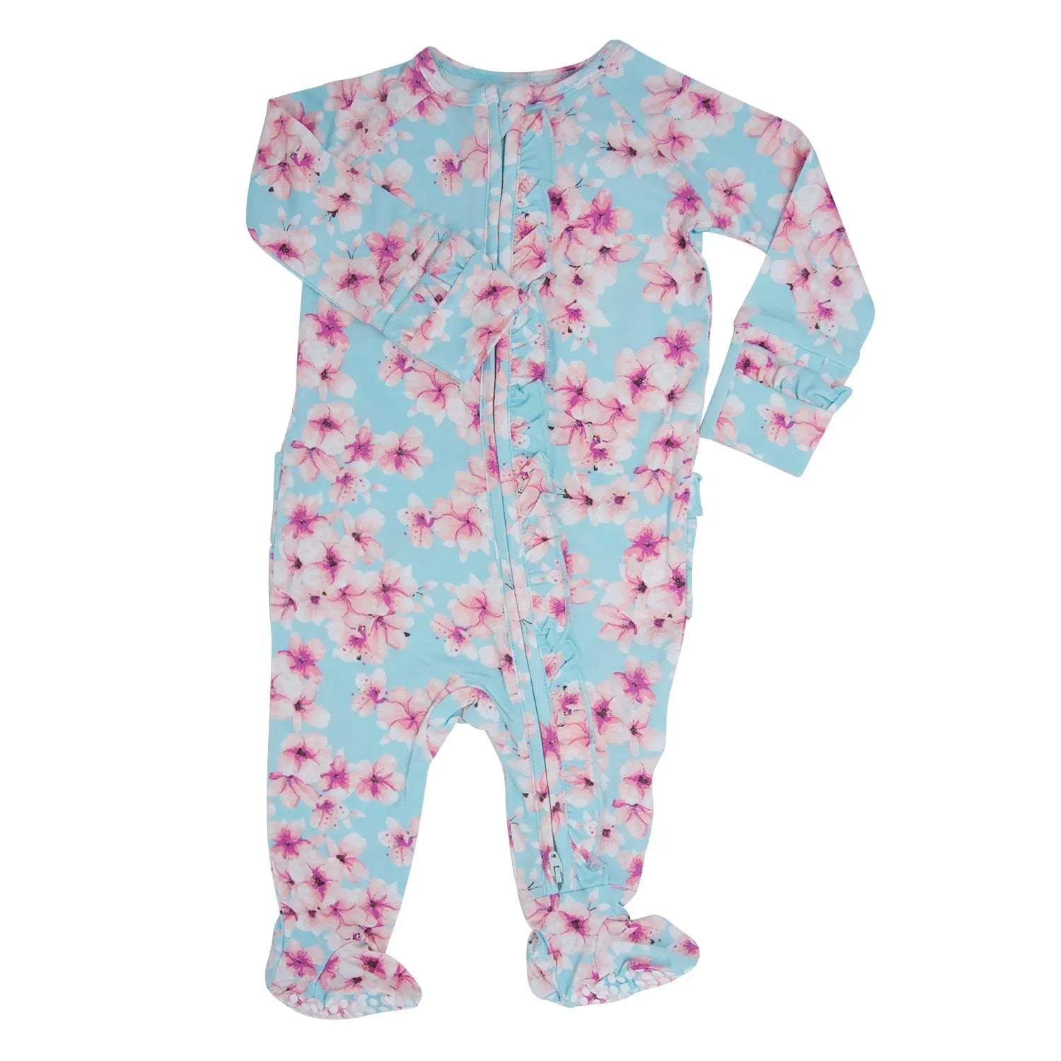 Pretty Pink Floral Ruffle Footie with Hypoallergenic Fabric and No Slip Grips Sweet Bamboo