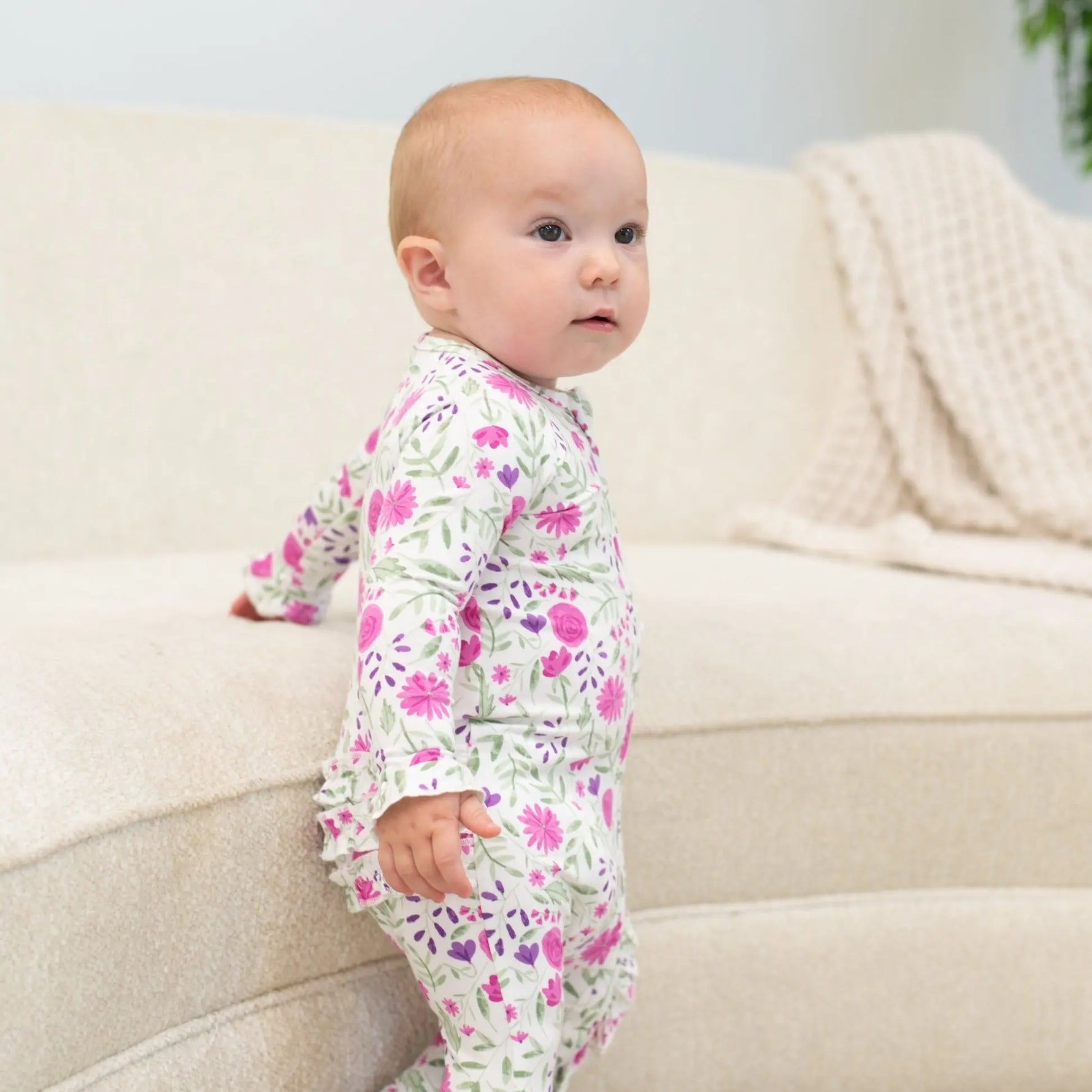 Sweet Bamboo Sweet Purple Flowers Ruffle Footie with 2 Way Zipper for Baby Girls - Apparel & Accessories > Clothing > Baby & Toddler Clothing > Baby One-Pieces Ruffle Footies