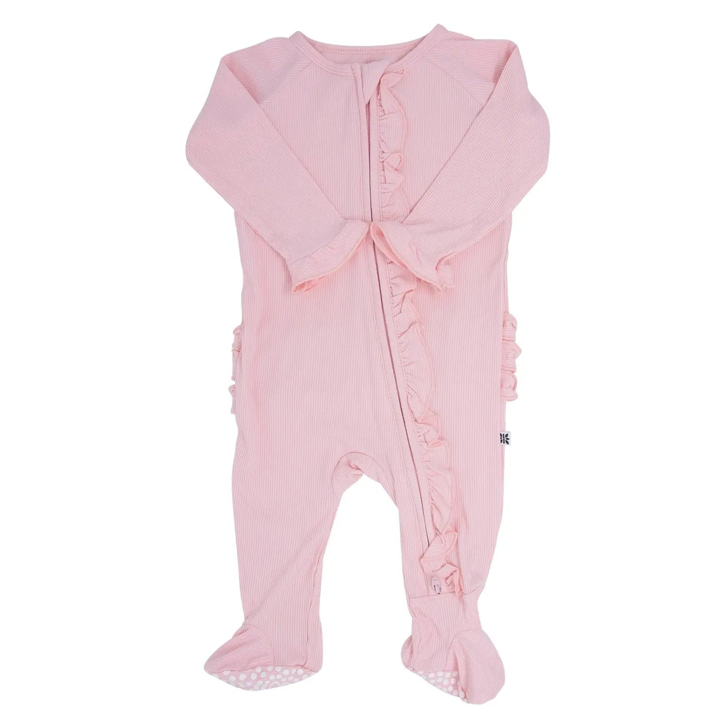 Ruffle Footie with 2 Way Zipper and No Slip Grips for Babies Sweet Bamboo