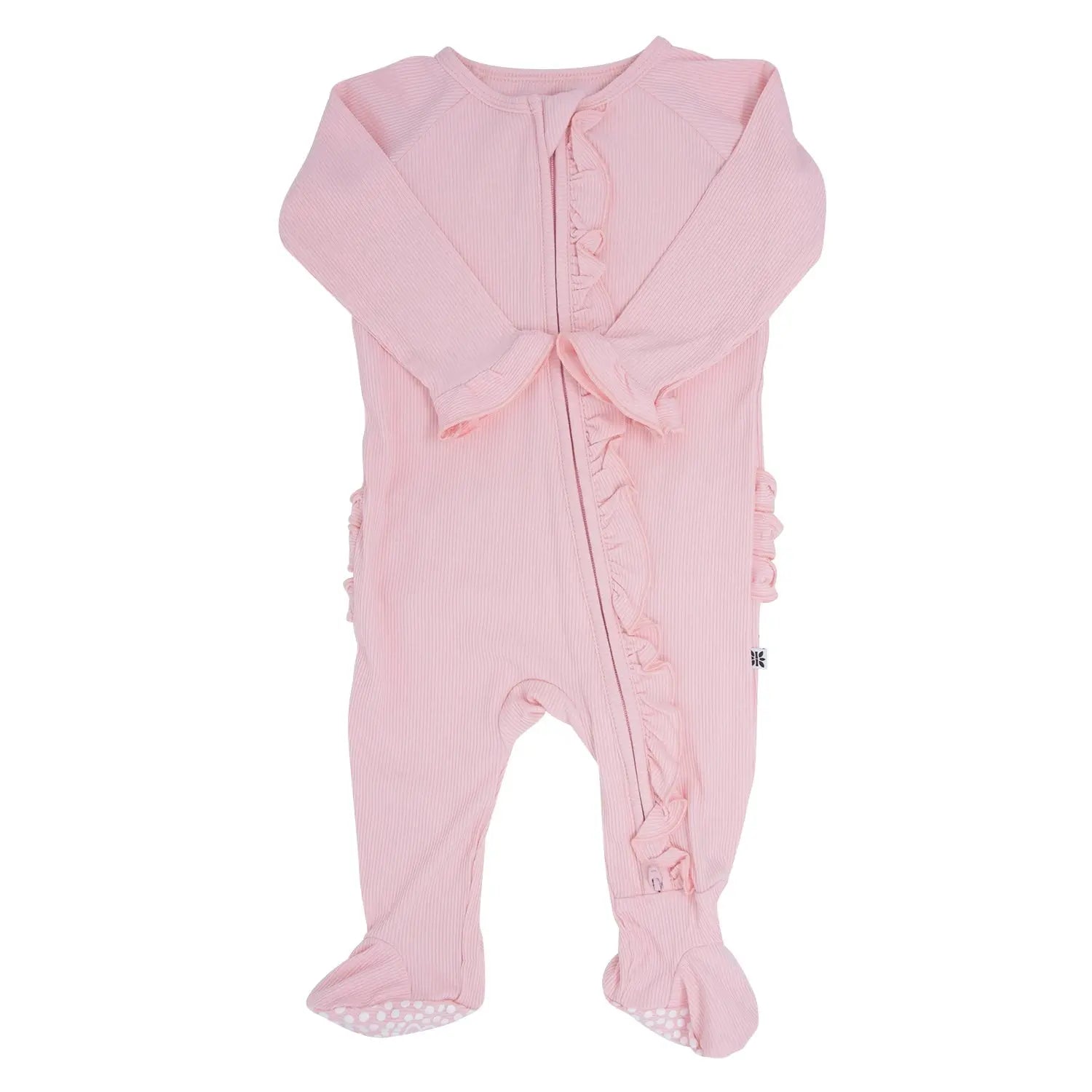 Ruffle Footie with 2 Way Zipper and No Slip Grips for Babies Sweet Bamboo