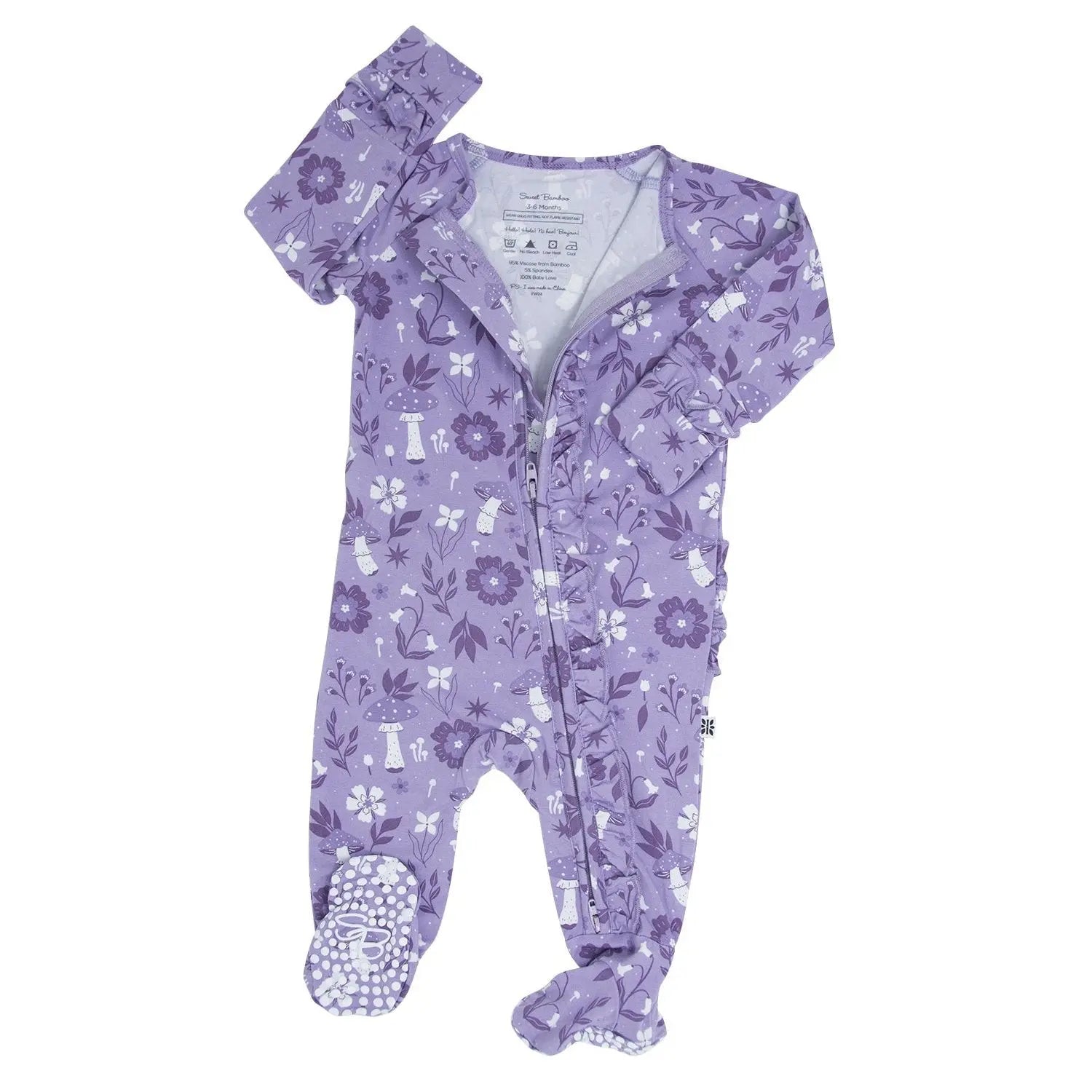 Mushroom Floral Ruffle Footie with Two Way Zipper and No Slip Grips Sweet Bamboo