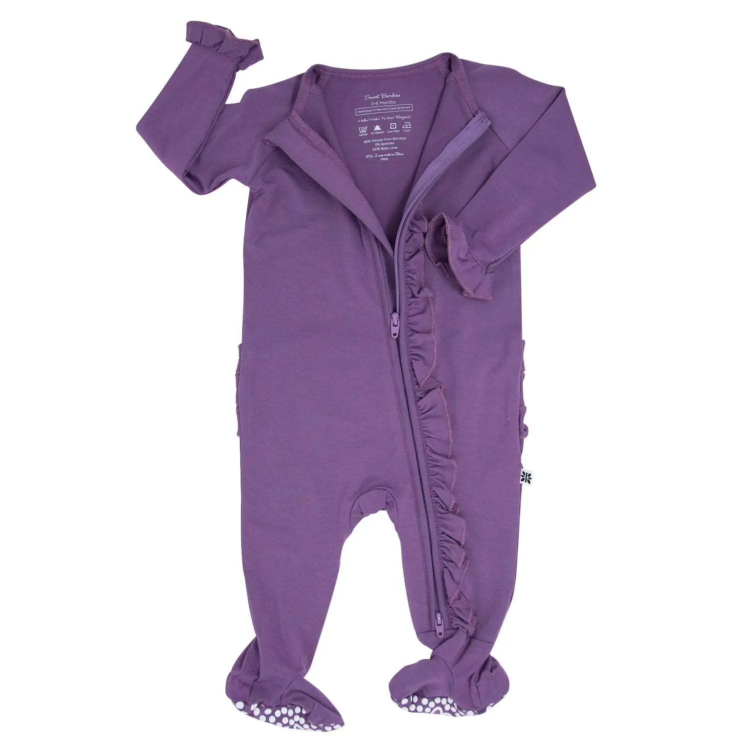 Deep Purple Ruffle Footie with Hypoallergenic Fabric and No Slip Grips Sweet Bamboo