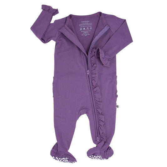 Deep Purple Ruffle Footie with Hypoallergenic Fabric and No Slip Grips Sweet Bamboo