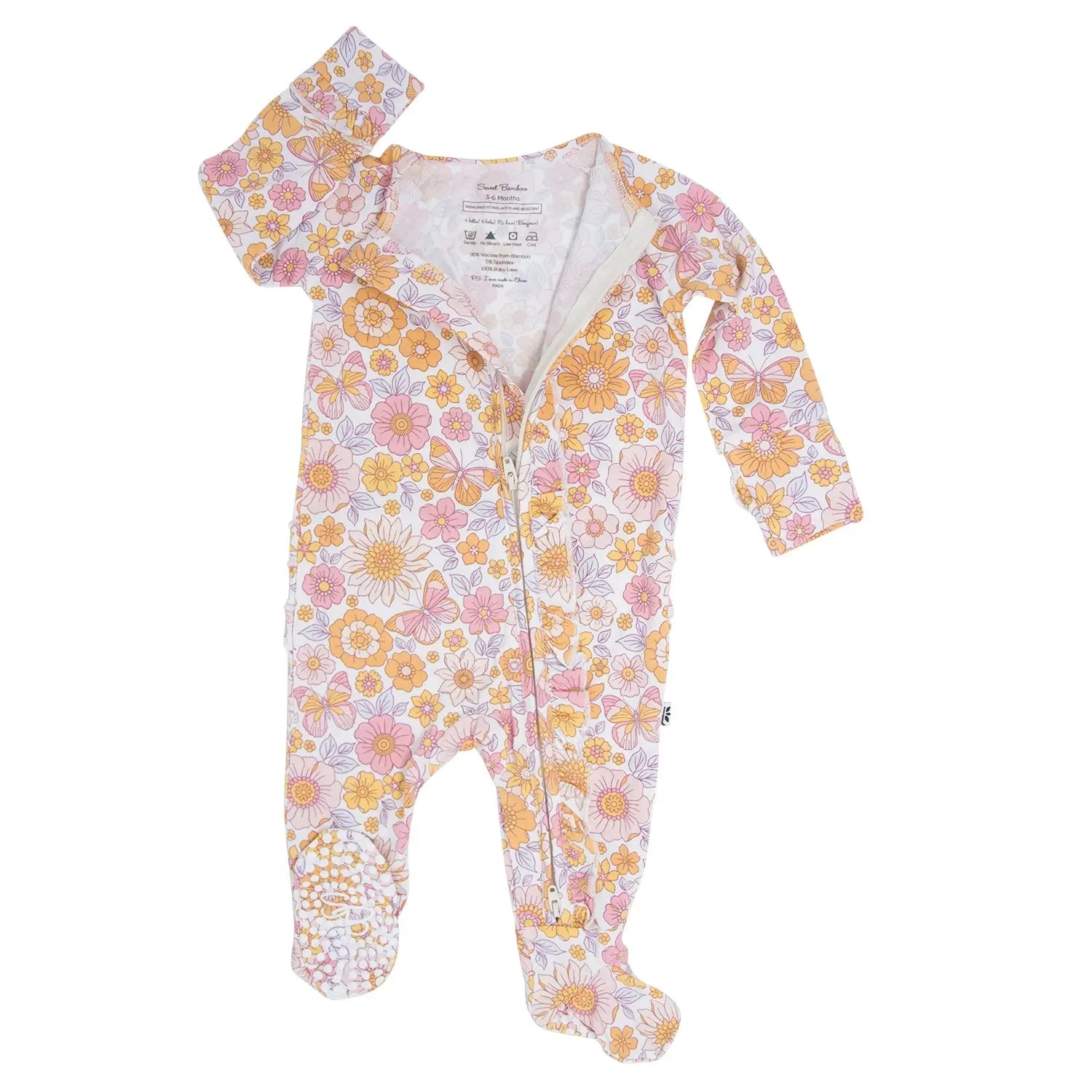 Retro Vintage Flowers Ruffle Footie with Two Way Zipper and No Slip Grips Sweet Bamboo