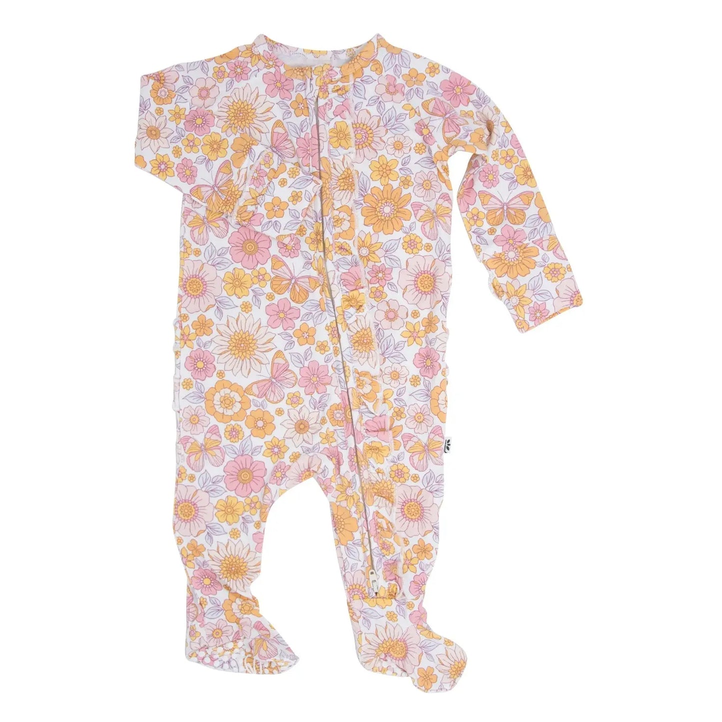Retro Vintage Flowers Ruffle Footie with Two Way Zipper and No Slip Grips Sweet Bamboo