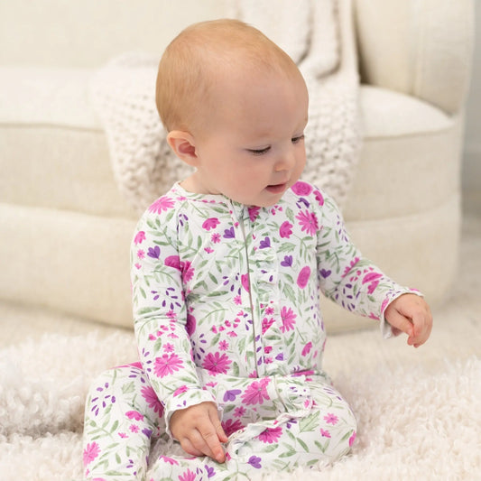 Sweet Purple Flowers Ruffle Footie for Baby Girls with 2 Way Zipper and No Slip Grips Sweet Bamboo