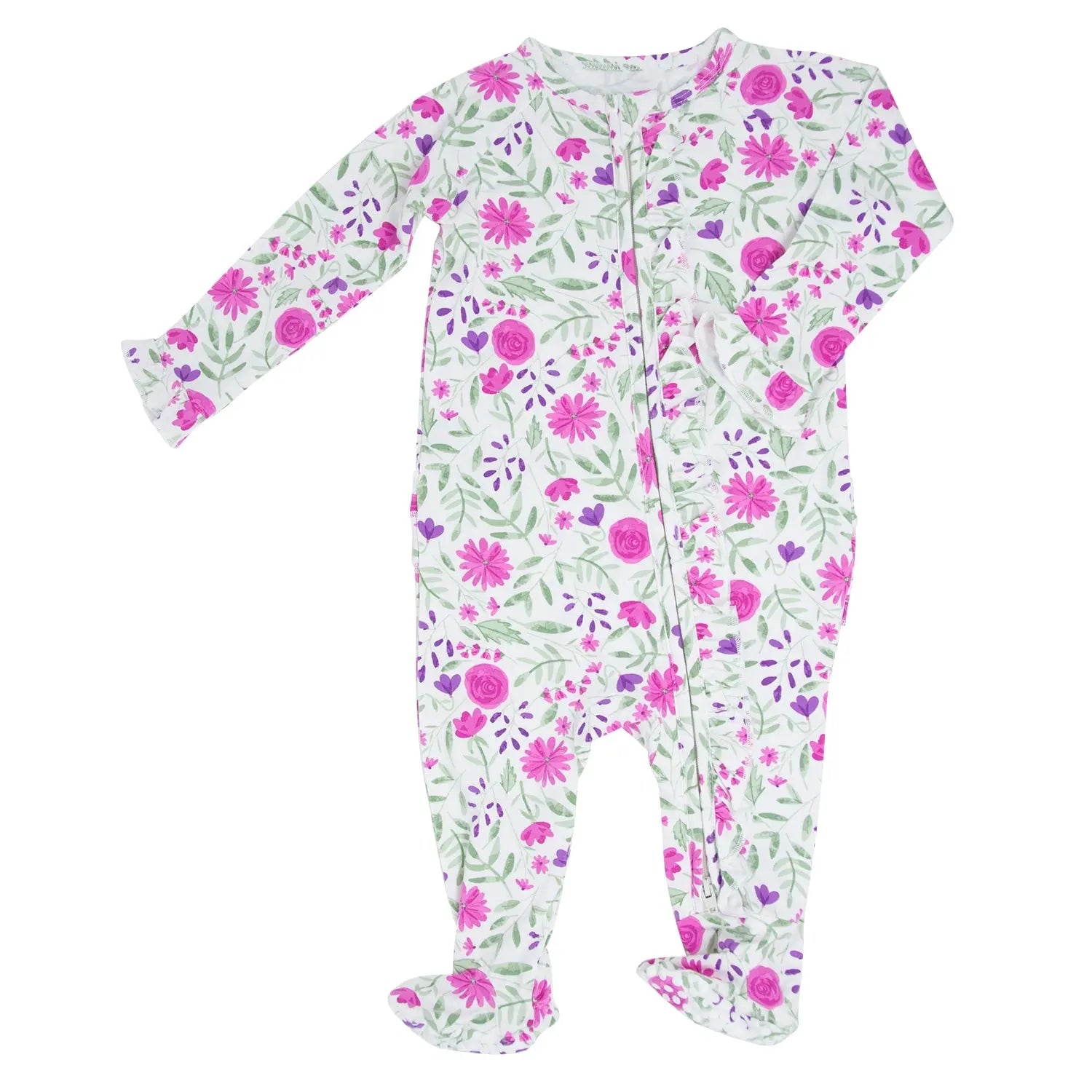 Sweet Purple Flowers Ruffle Footie for Baby Girls with 2 Way Zipper and No Slip Grips Sweet Bamboo