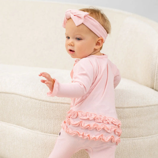 Ruffle Footie with 2 Way Zipper and No Slip Grips for Babies Sweet Bamboo