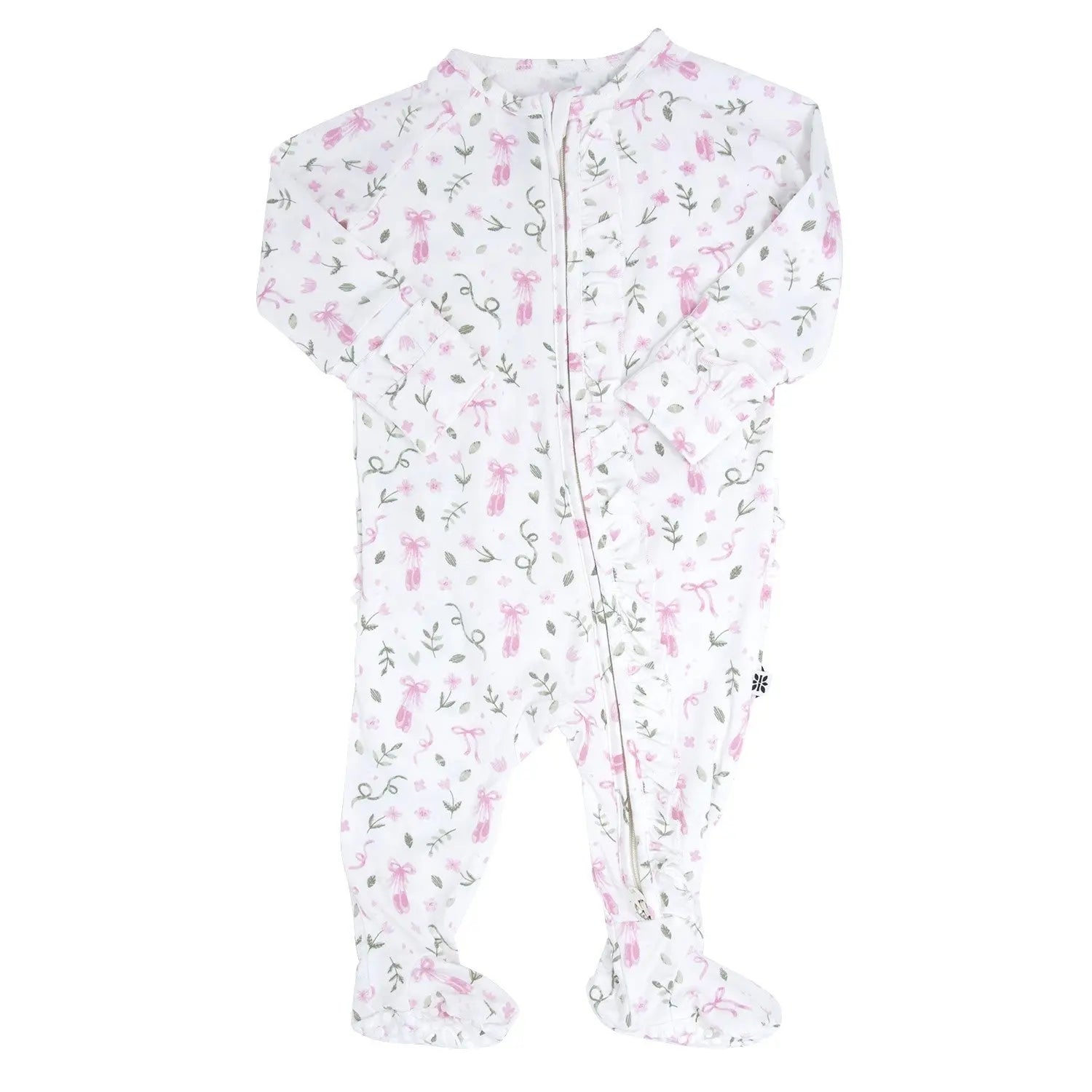 Ruffle Footie with 2 Way Zipper and No Slip Grips for Babies Sweet Bamboo