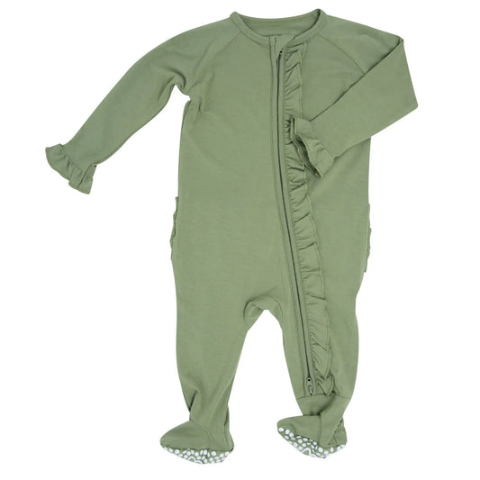 Ruffle Footie With 2 Way Zipper And No Slip Grips For Babies Sweet Bamboo
