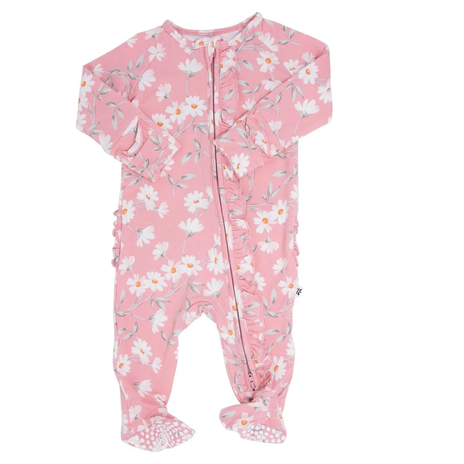 Ruffle Footie with 2 Way Zipper and No Slip Grips for Stability Sweet Bamboo