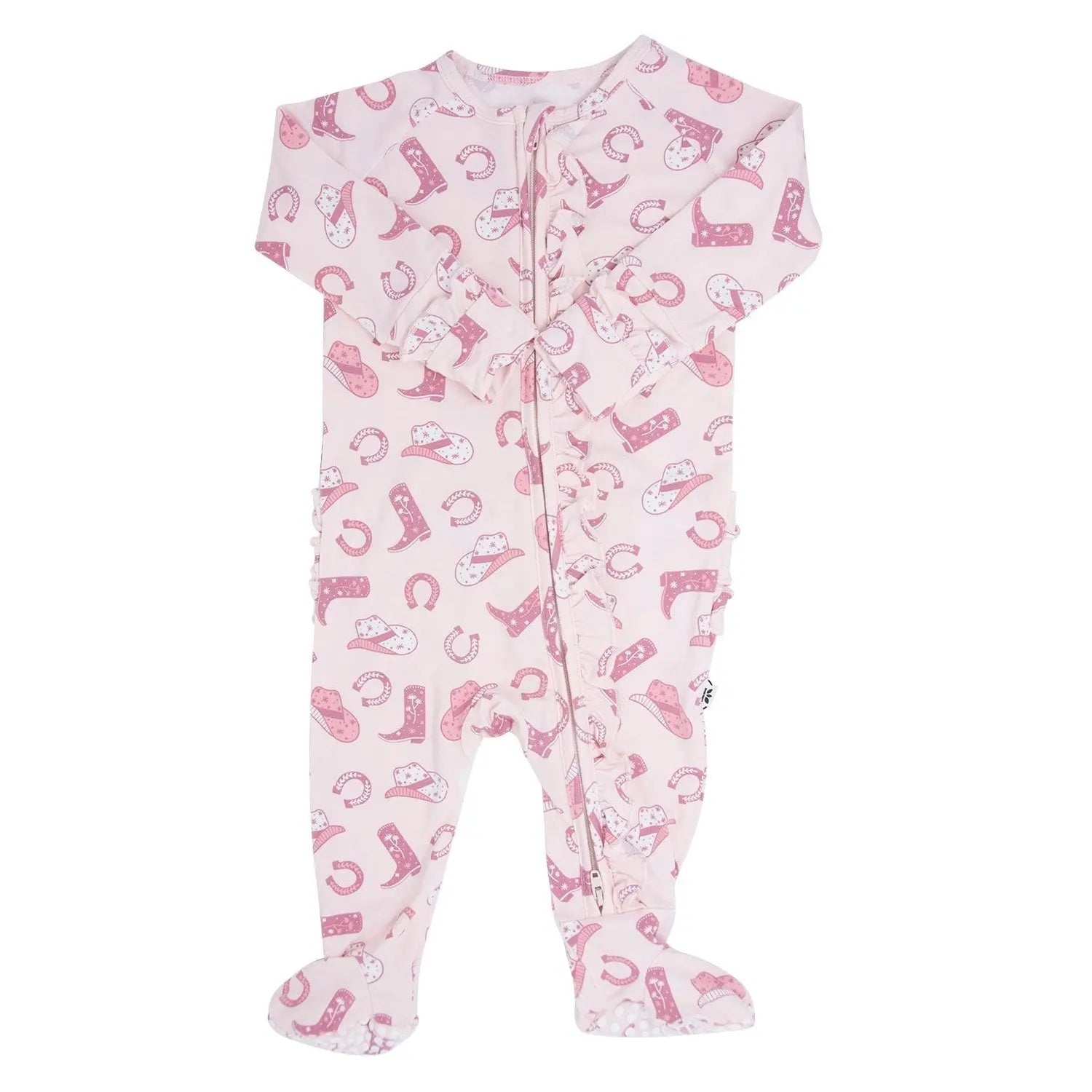 Pink Western Ruffle Baby Footie with Two Way Zipper and No Slip Grips Sweet Bamboo