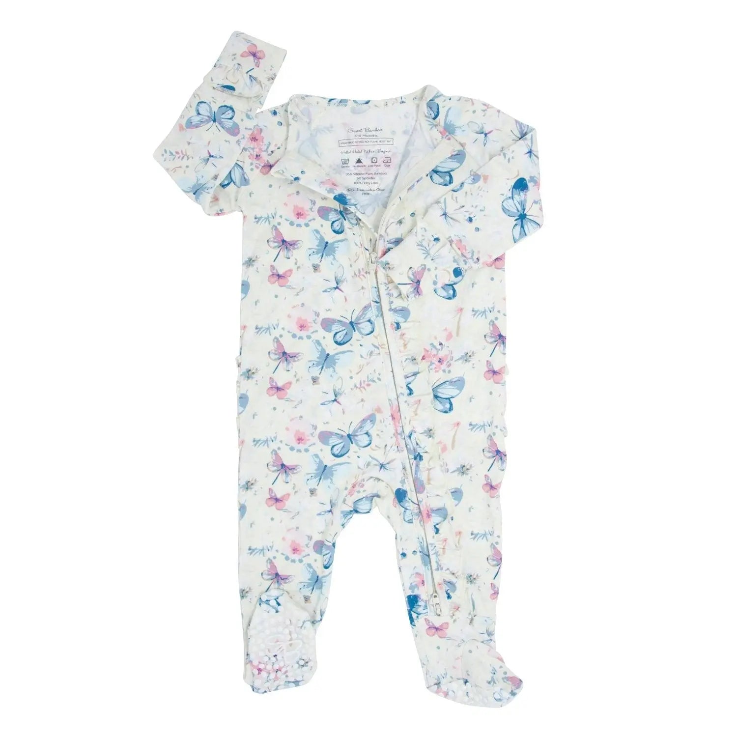 Watercolor Butterfly Ruffle Baby Footie With 2 Way Zipper And No Slip Grips Sweet Bamboo