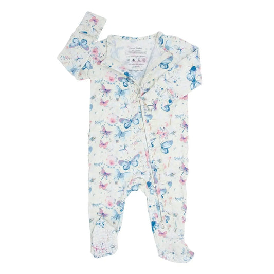 Watercolor Butterfly Ruffle Baby Footie With 2 Way Zipper And No Slip Grips Sweet Bamboo