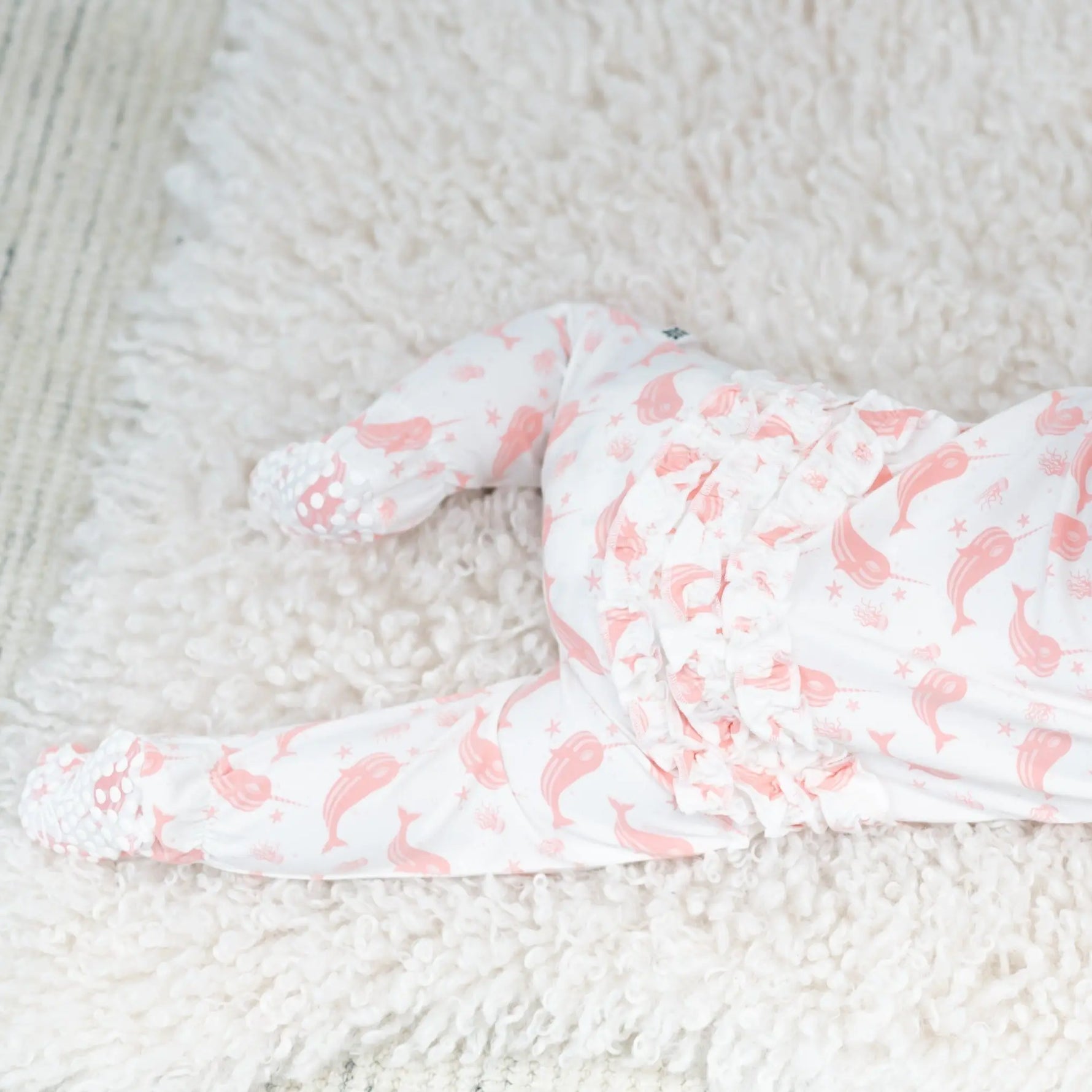Sweet Bamboo Cute Ruffle Footie with 2 Way Zipper and Non Slip Grips for Babies - Apparel & Accessories > Clothing > Baby & Toddler Clothing > Baby One-Pieces Ruffle Footies