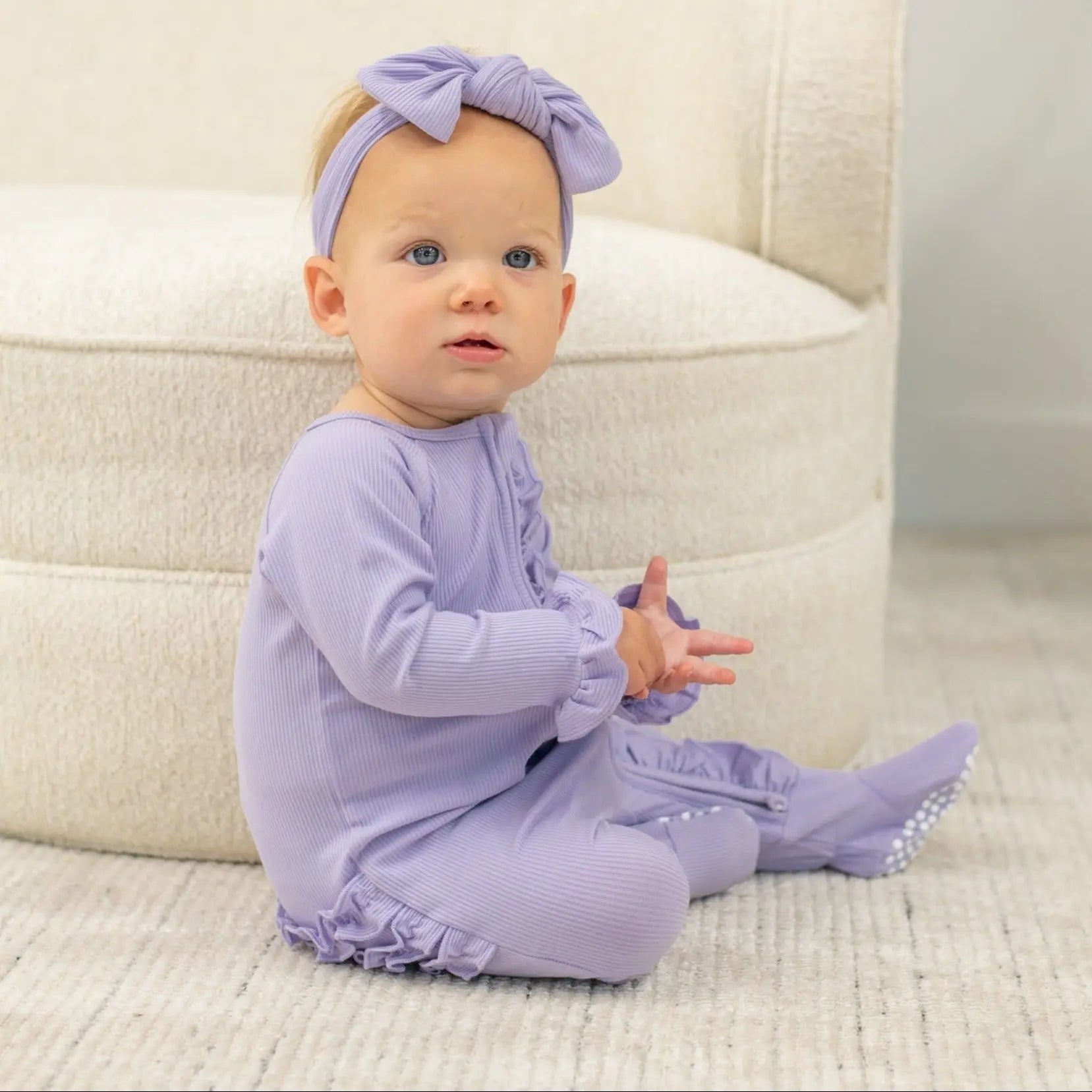 Ruffle Footie With 2 Way Zipper And Non Slip Grips For Infants Sweet Bamboo
