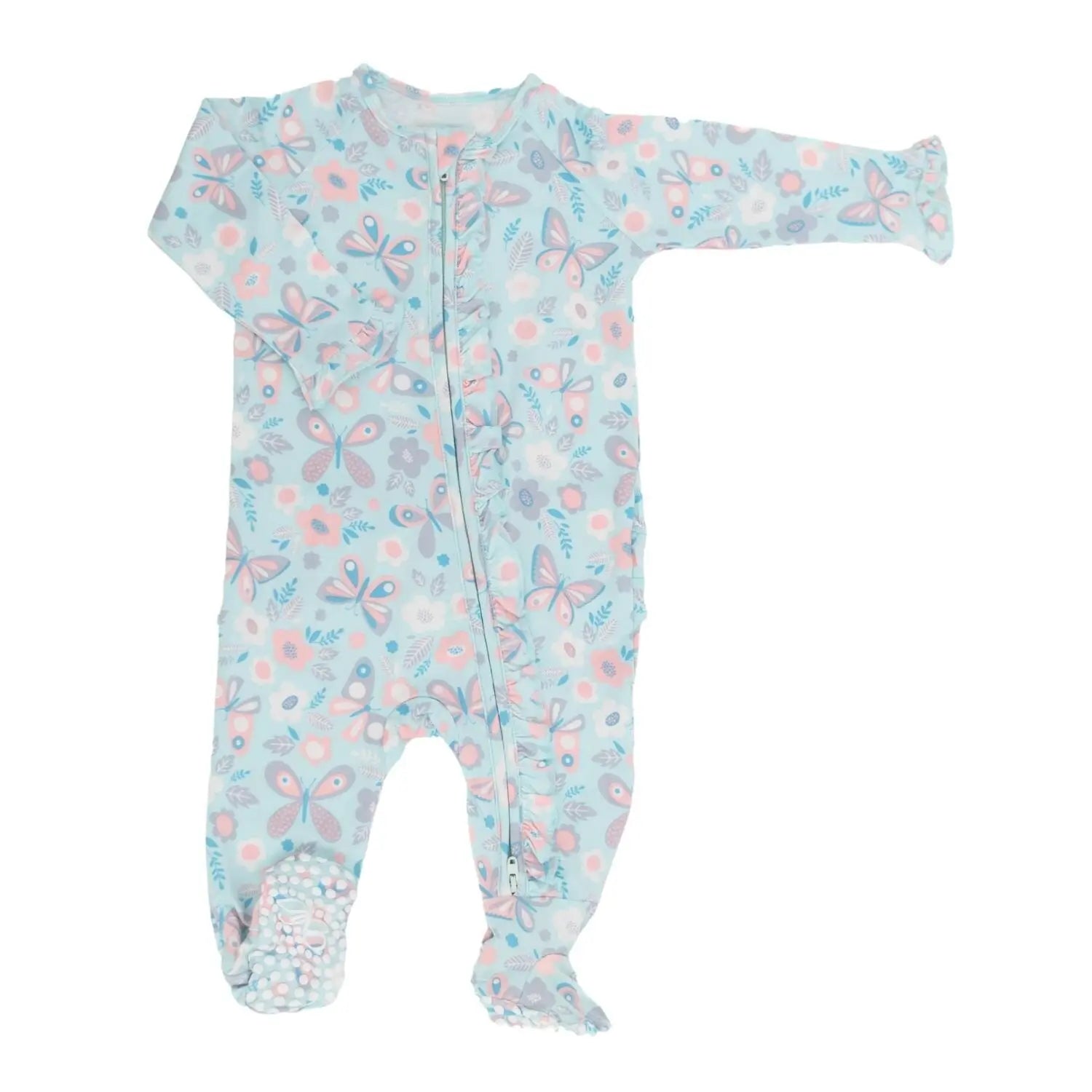 Ruffle Footie With 2 Way Zipper And No Slip Grips For Babies Sweet Bamboo