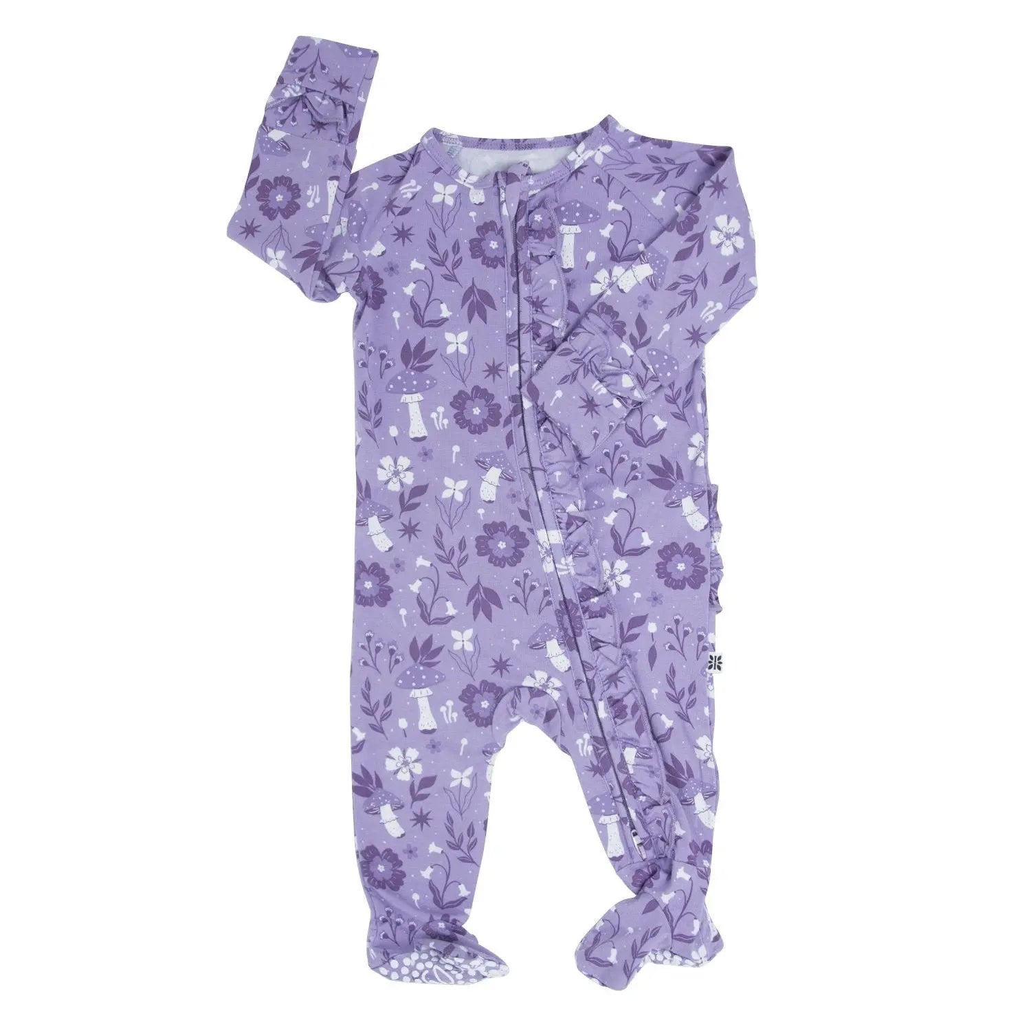 Mushroom Floral Ruffle Footie with Two Way Zipper and No Slip Grips Sweet Bamboo