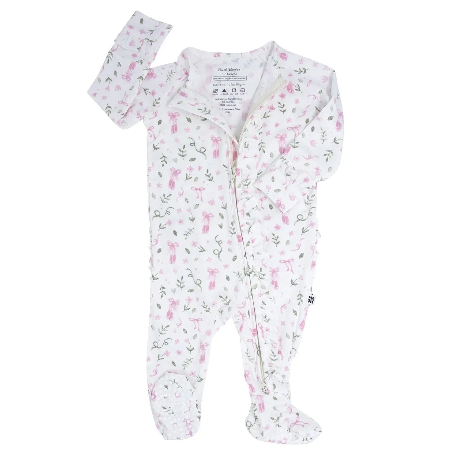 Ruffle Footie with 2 Way Zipper and No Slip Grips for Babies Sweet Bamboo