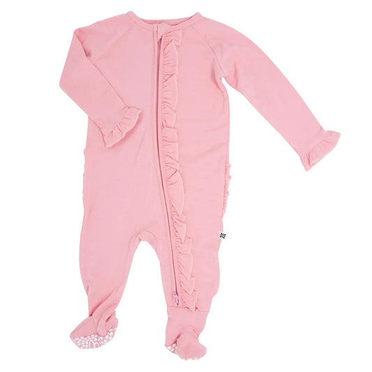 Ruffle Footie With 2 Way Zipper And No Slip Grips For Stability Sweet Bamboo
