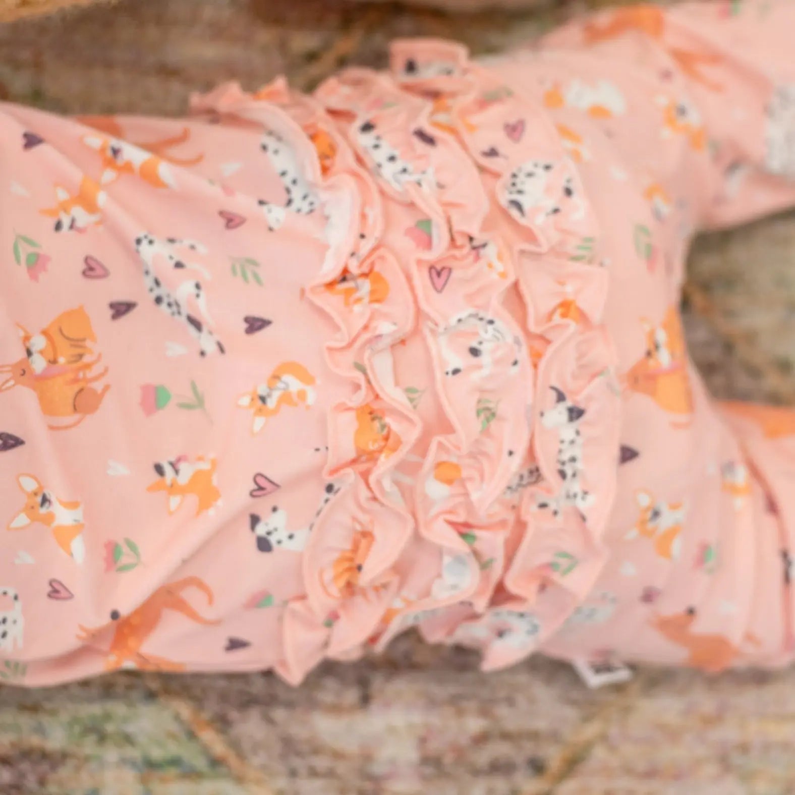Sweet Bamboo Dalmatian Poodle Puppy Ruffle Footie with Two Way Zipper for Babies - Apparel & Accessories > Clothing > Baby & Toddler Clothing > Baby & Toddler Sleepwear Ruffle Footies