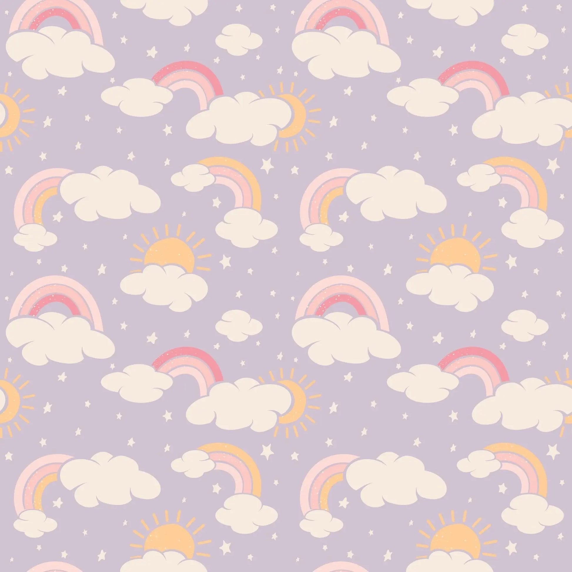 Lavender Rainbows and Clouds Ruffle Baby Footie with Two Way Zipper and No Slip Grips Sweet Bamboo