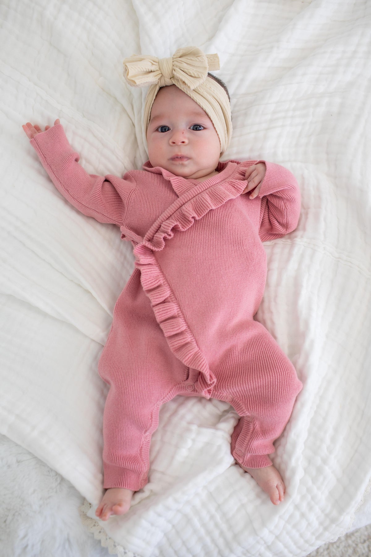Ruffle Knit Romper in Dusty Rose by Bestaroo