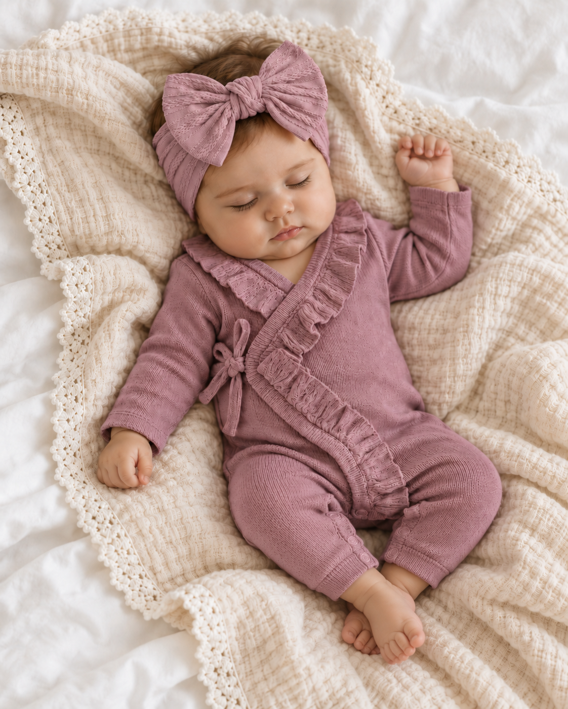 Baby wrap romper in soft plum cotton knit with ruffle trim along the neckline and wrap front, side tie