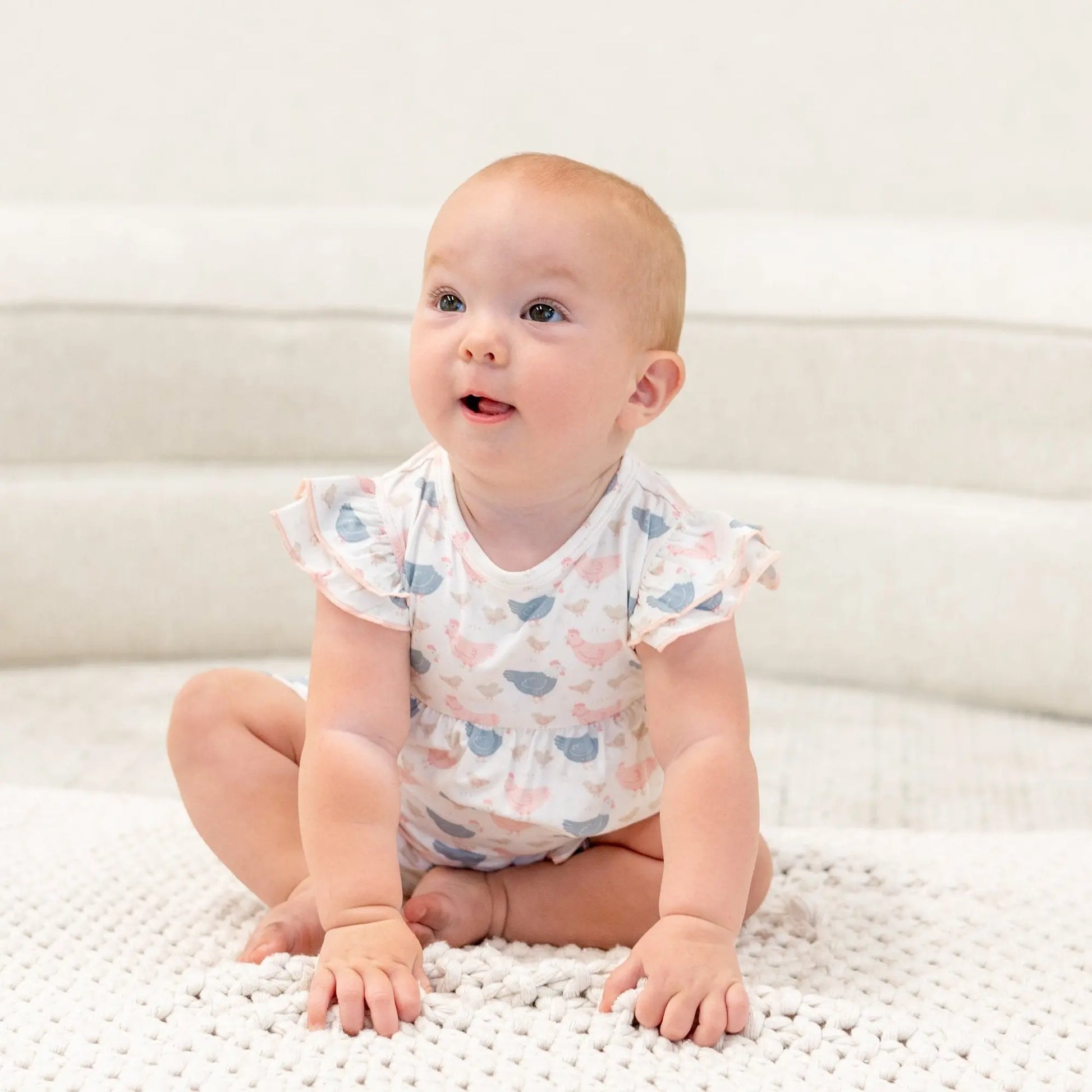 Pink Farm Hens Bamboo Ruffle Romper for Girls Sweet Bamboo