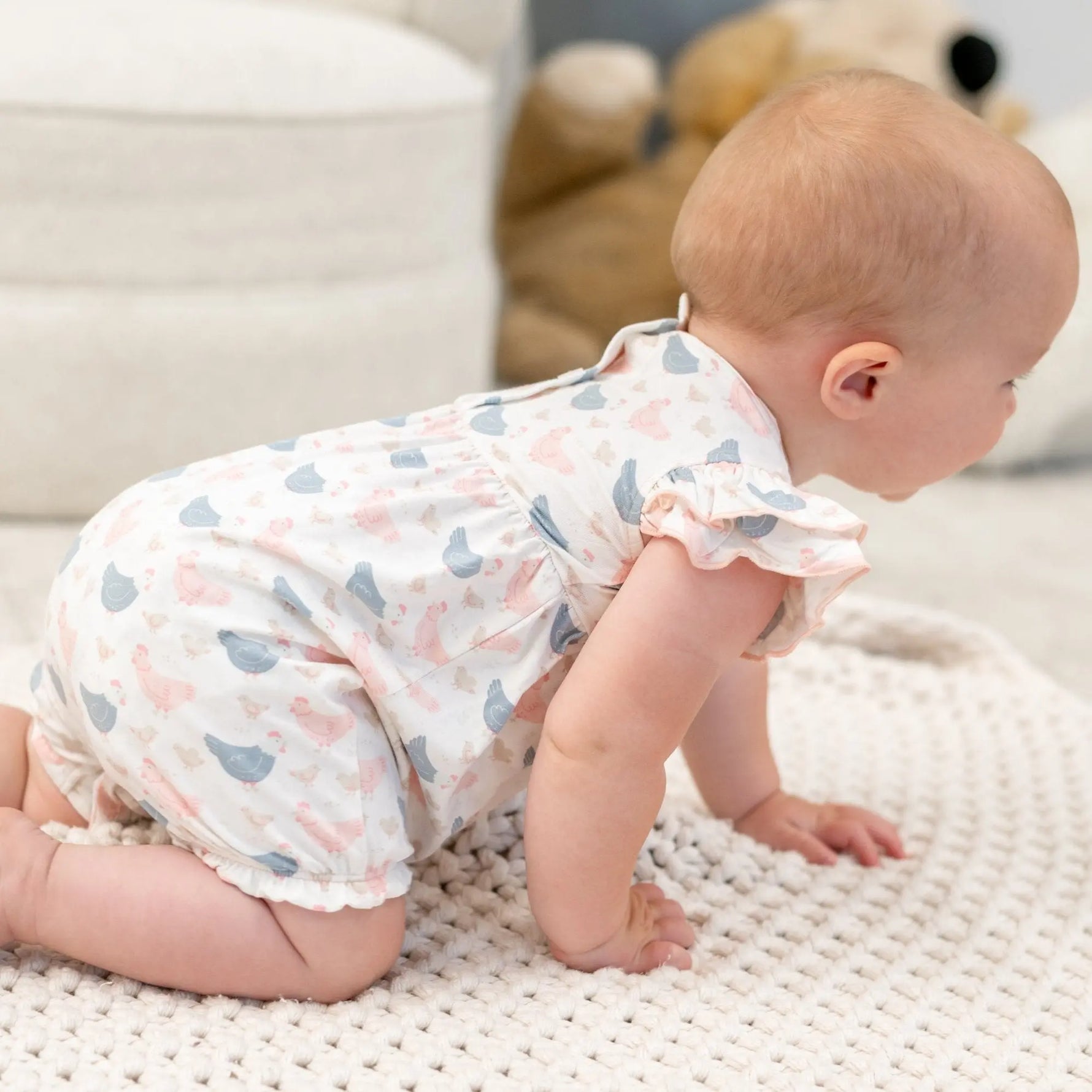 Sweet Bamboo Pink Farm Hens Bamboo Ruffle Romper for Stylish Summer Play for Girls - Apparel & Accessories > Clothing > Baby & Toddler Clothing > Baby One-Pieces baby daywear
